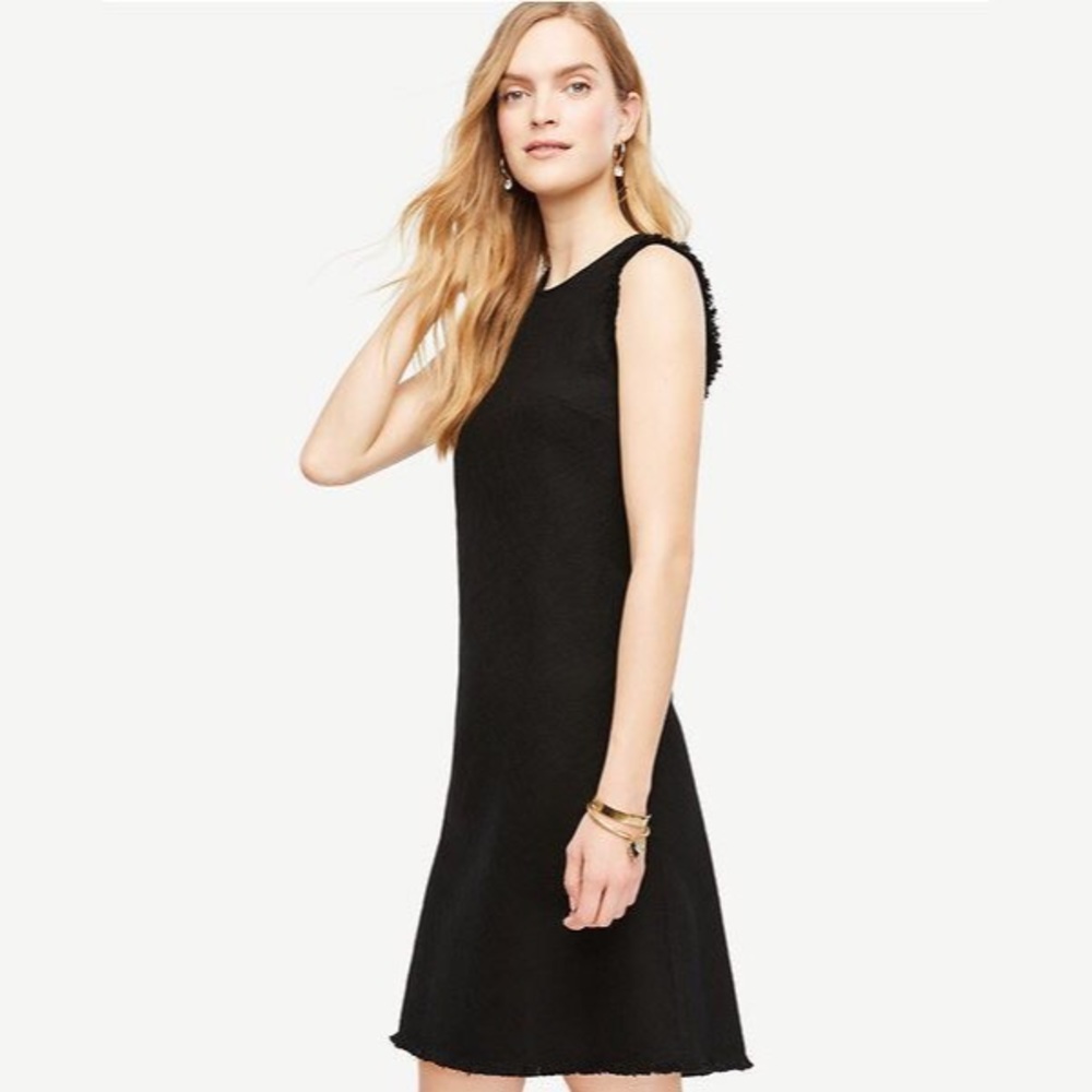 Ann Taylor Black Fringe Trim Tweed Dress
